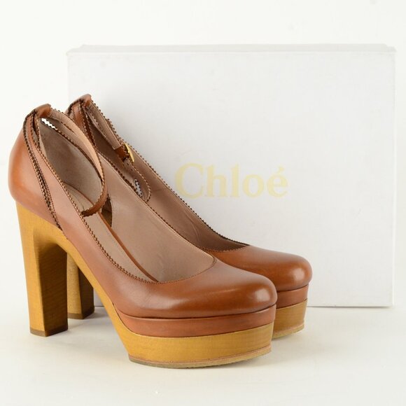 CHLOE SHOES TAN LEATHER ANKLE STRAP WOODEN PLATFORM PUMPS sz 40.5 10.5 - Picture 7 of 8